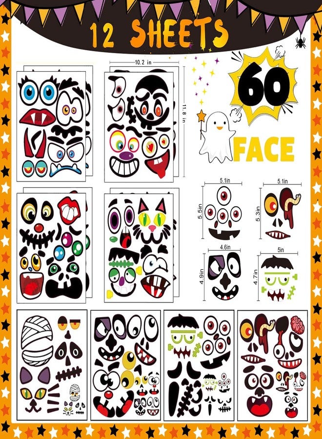 INPLUSTOP Halloween Pumpkin Stickers, Make 60 Faces Pumpkin Decorating Stickers with 12 Sticker Sheets Jack O Lantern Stickers - Image 3